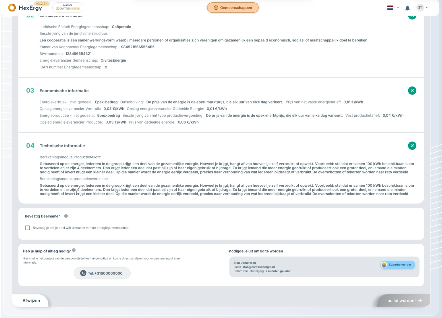 Gemeenschapsinformatie pagina met details over de energiegemeenschap