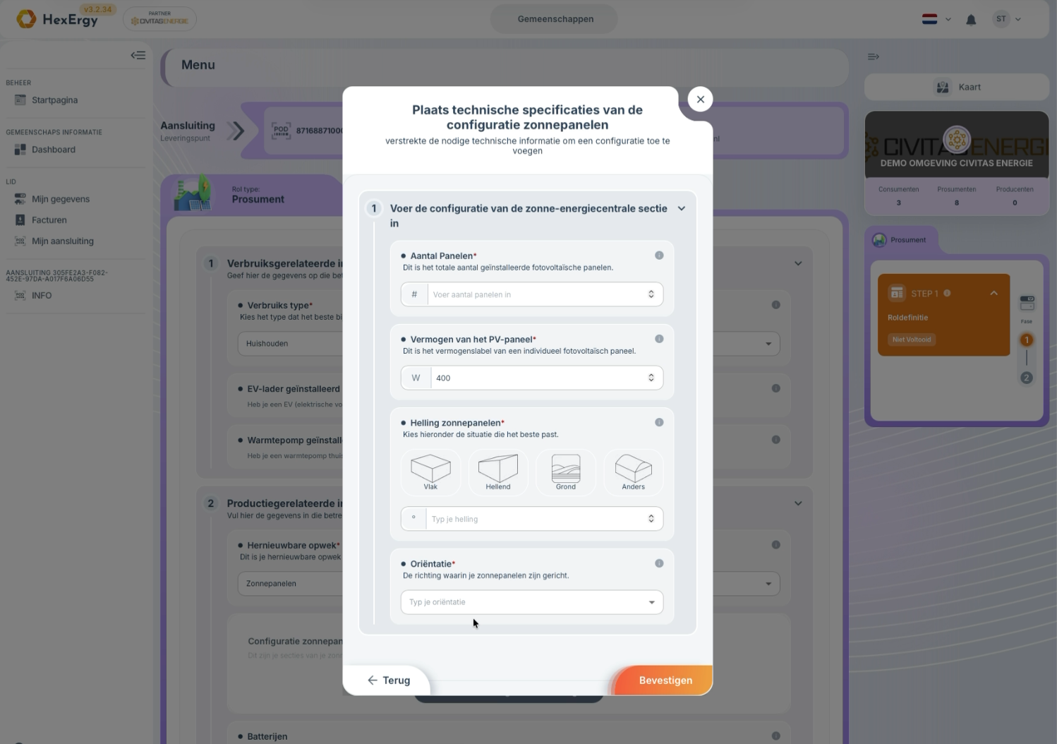 Popup voor configuratie zonnepanelen met specificaties