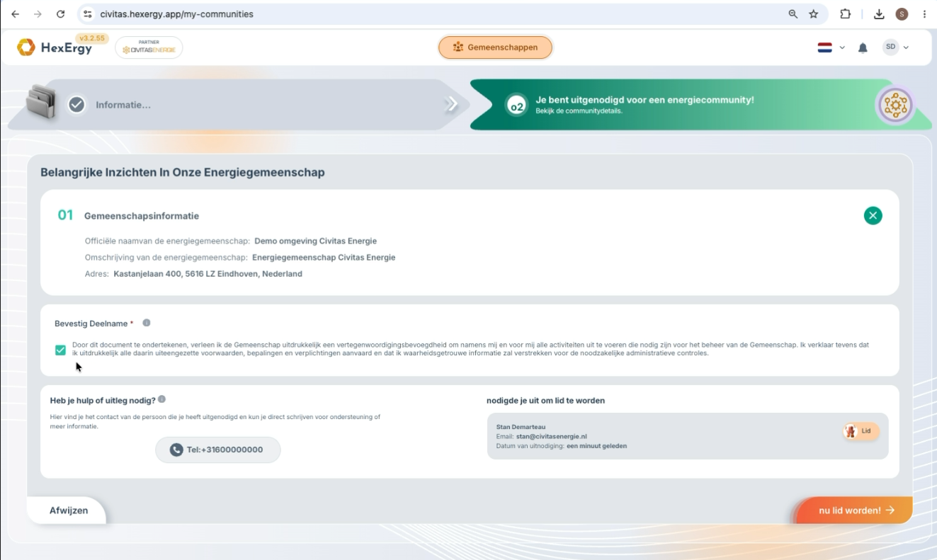 Pagina met gemeenschapsinformatie en bevestiging van deelname