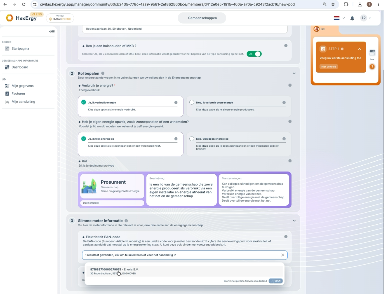 Zoekresultaat met gevonden EAN-code, netbeheerder en adres