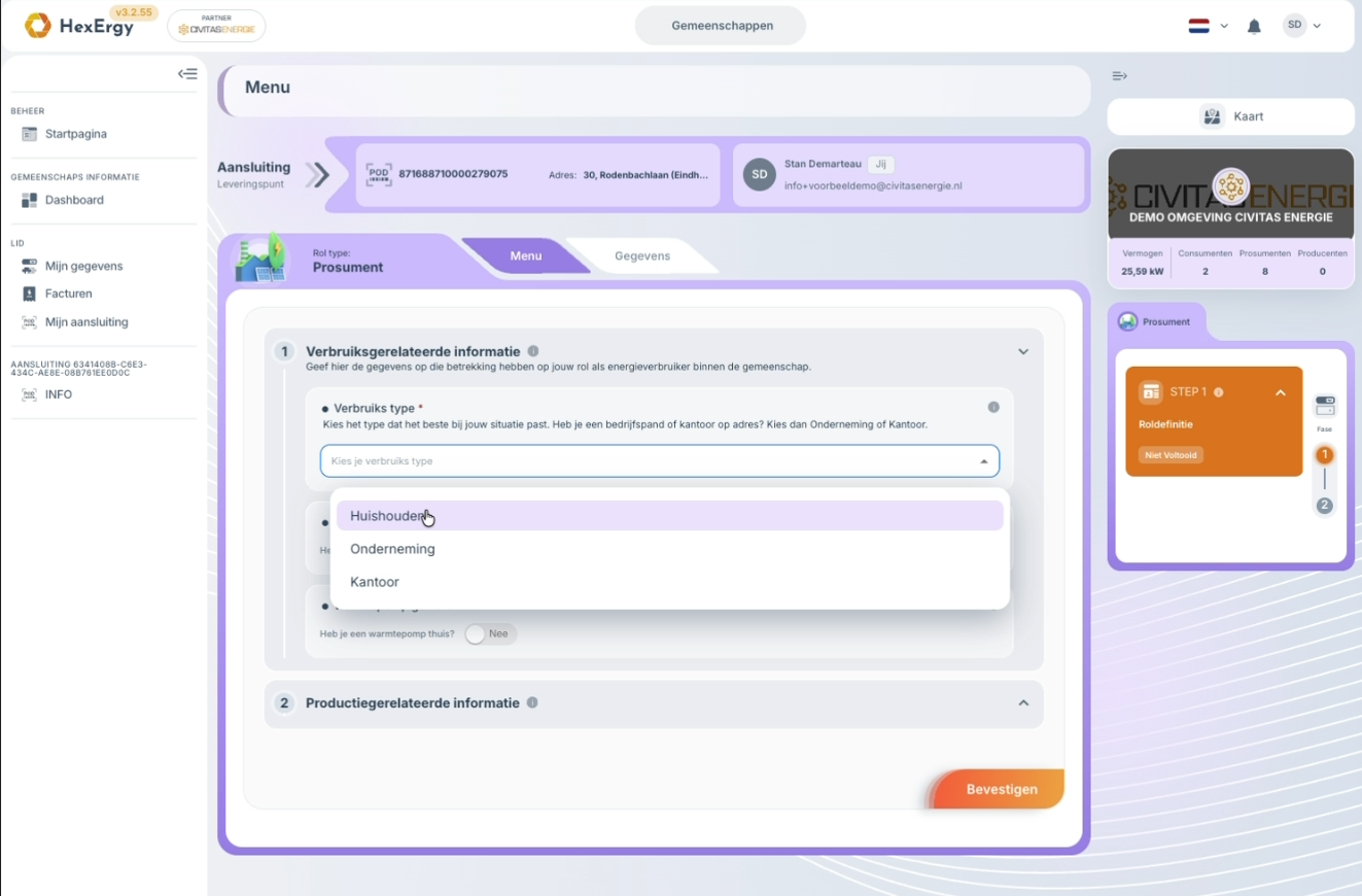Aansluitingsgegevens met dropdown voor verbruiks type