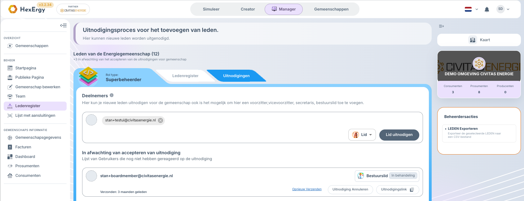 Uitnodigingspagina met ingevuld e-mailadres en de knop Lid uitnodigen