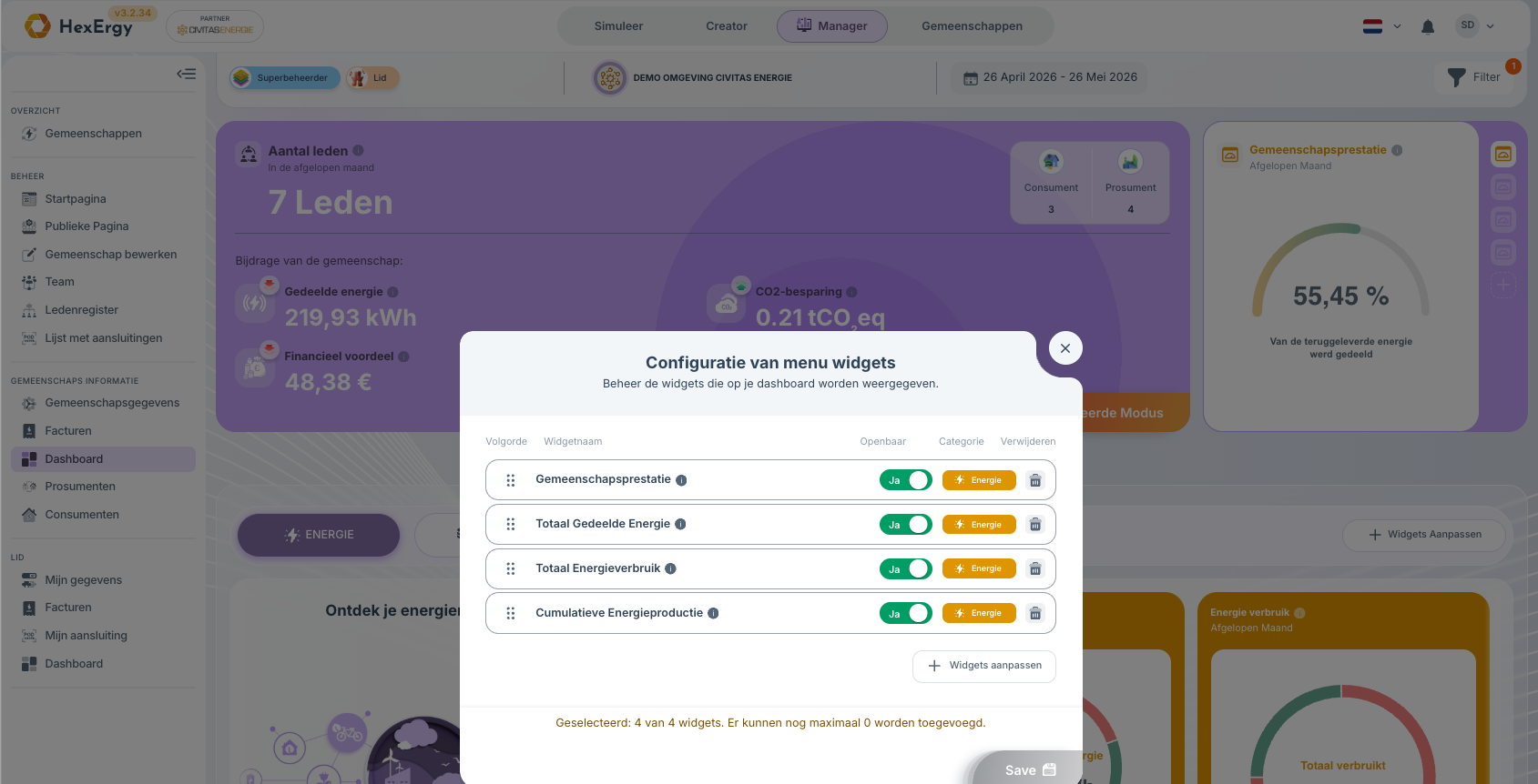 Widget configuratiescherm met openbaar-toggle en prullenbak