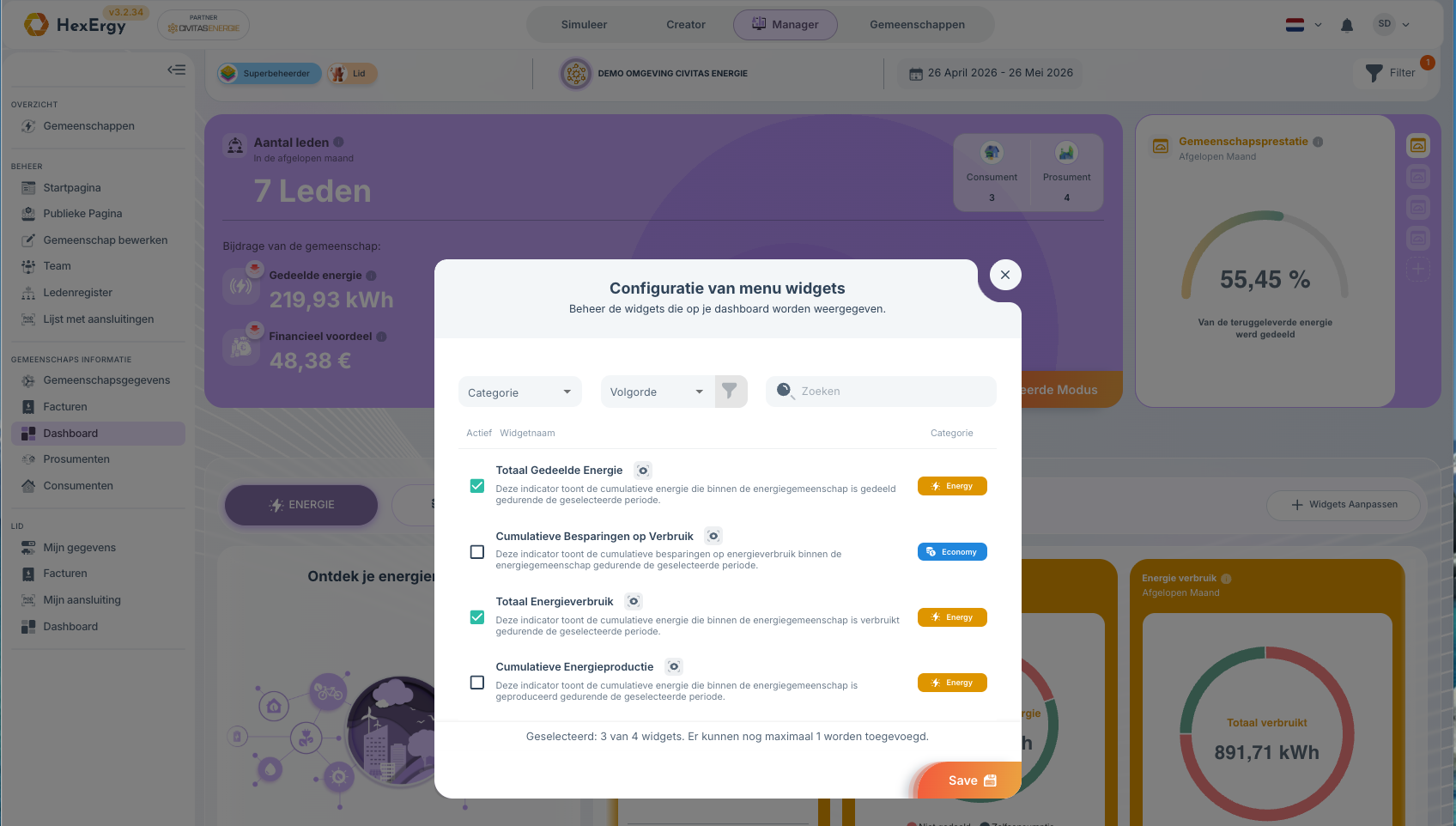 Widget selectiescherm met checkboxes en Save-knop
