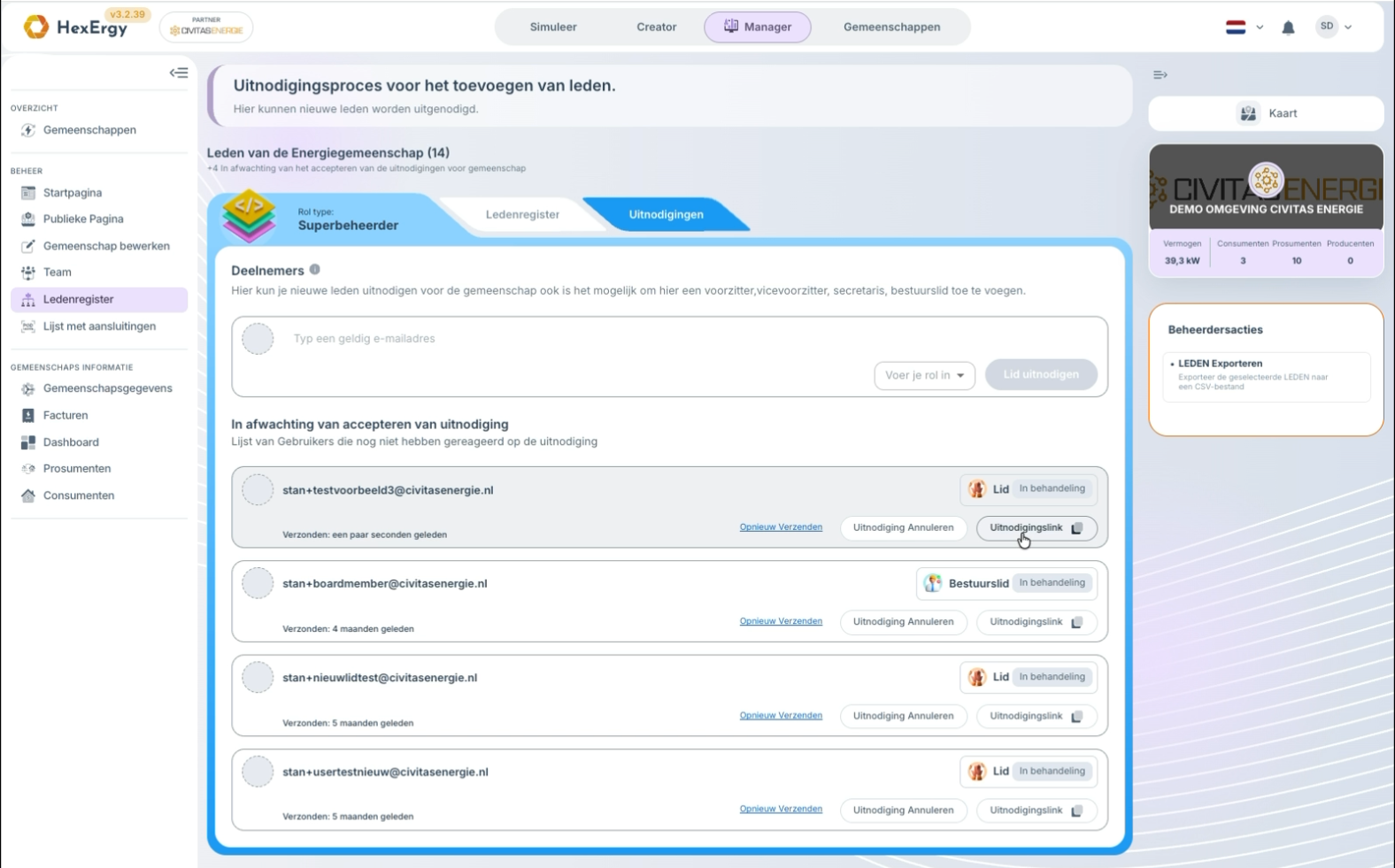 Uitnodigingenpagina met de knop Uitnodigingslink bij een uitstaande uitnodiging