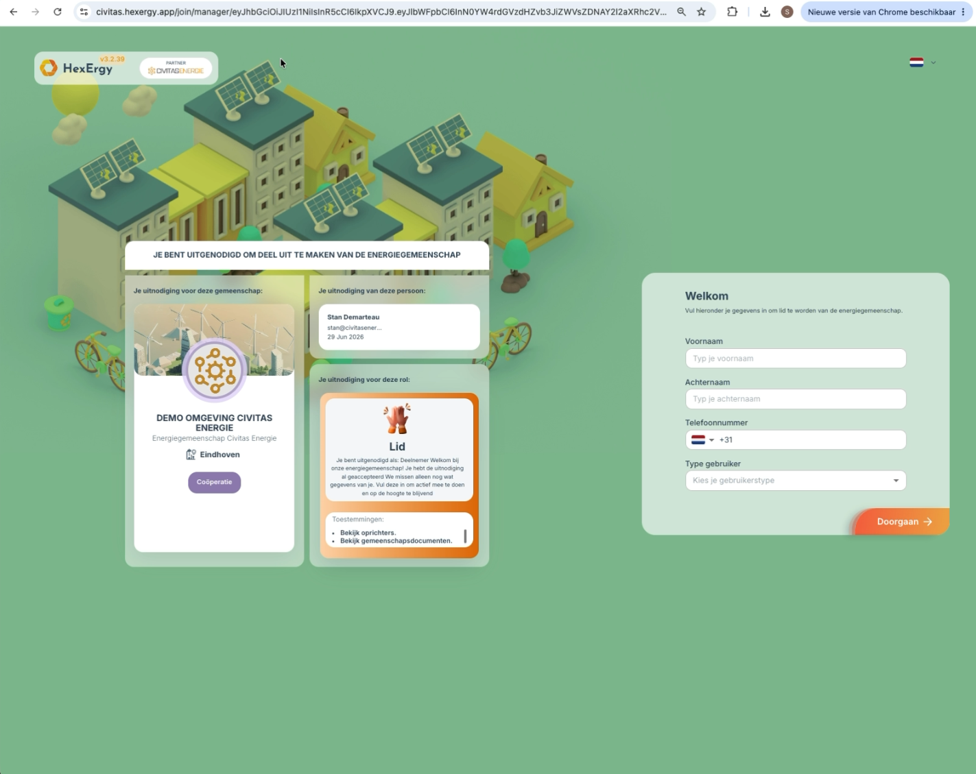 Welkomstpagina van de energiegemeenschap met registratieformulier na het openen van de uitnodigingslink
